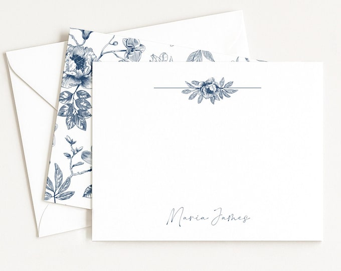 Personalized Blue Floral Double Sided Note Card Set: Monogram Script Stationery