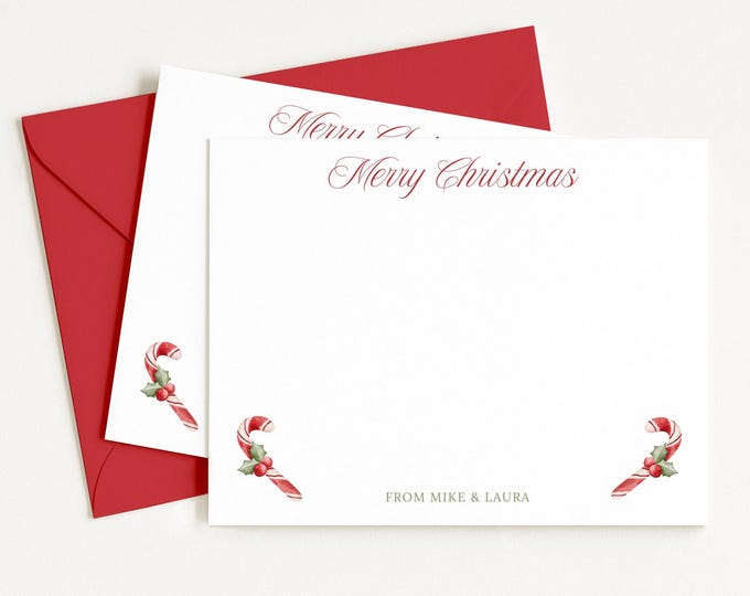 Personalized Christmas Cards, Candy Cane Note Card , Holiday Stationery