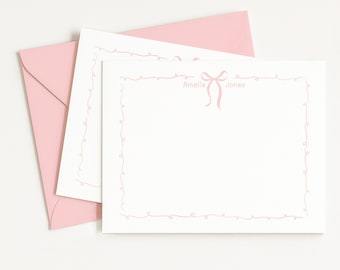 Personalized Baby Girl Note Card, Pink Bow, Sketch Minimal, Nursery Stationery