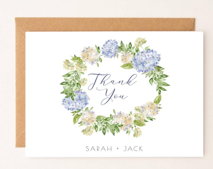 Hydrangea Personalized Wedding Engagement Thank You Note Card, Thank You With Couples Names, Script font thank you, notecard, Blue Floral
