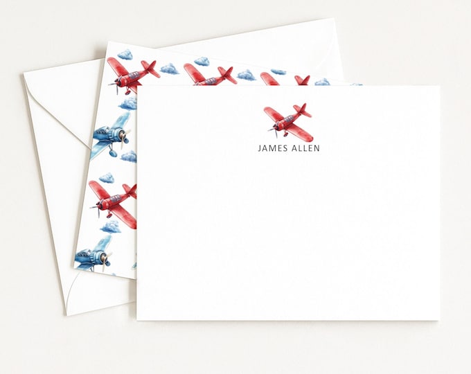 Personalized Airplane Note Card Set: Double Sided, Child Stationery