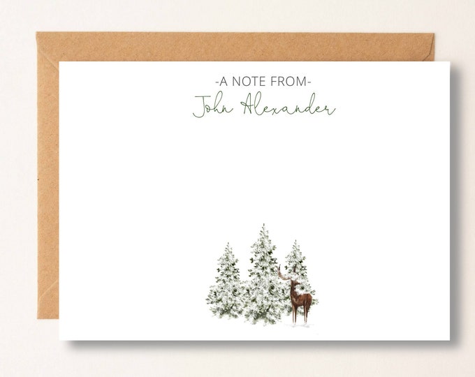 Winter Deer Tree Stationery Set, Note Card,  Flat Note Cards, Evergreen, Masculine, Thank You, Tree, Woods, Outdoor, Christmas Gift #45