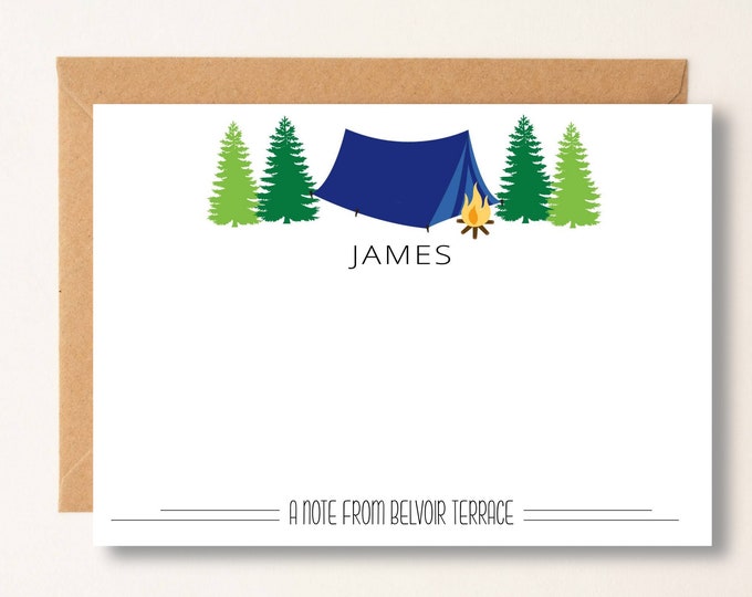 Summer Camp Personalized Note Card, Custom Camp Name Stationery, Boys Summer Camp, Write Home From Camp Notecard, Camp Tent Pine Trees