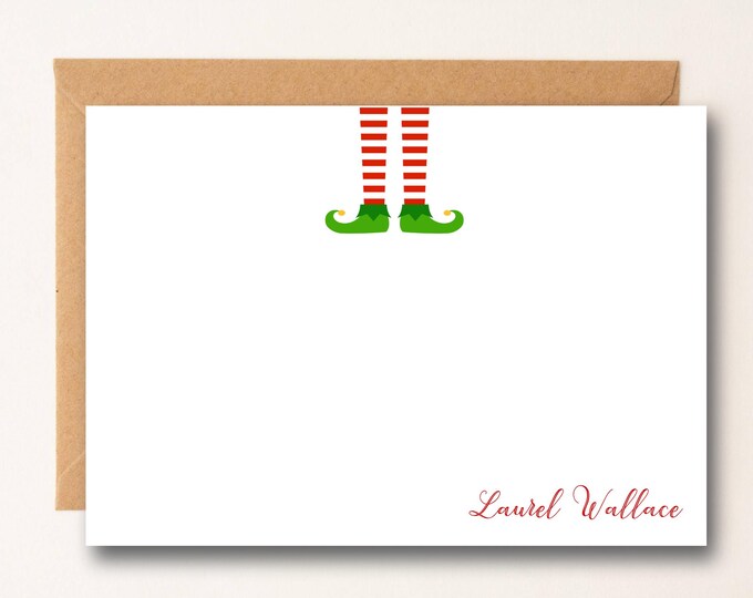 Elf Christmas Personalized Note Card Set Envelopes- Stationary Cards Monogram Stationary Script Font, Holiday Winter, Mom, Friend Coworker,