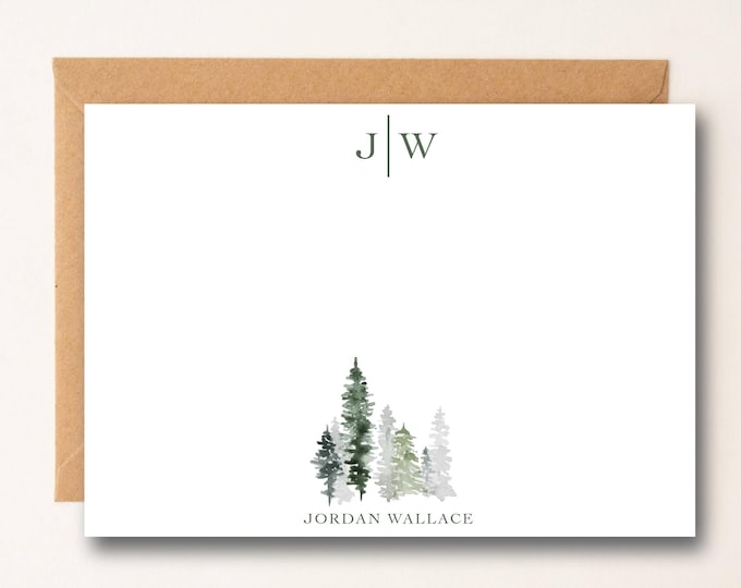 Personalized Tree Stationery Set: Monogrammed Flat Note Cards, Adventure, Nature, Mountains 14