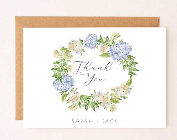 Personalized Wedding Engagement Thank You Note Card, Thank You Couples Names, Script font, simple notecard, envelope, Floral Cotton, wreath