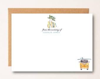 Surf Personalized Baby Shower Cards, Boy Thank You Notes, Baby Stationery, From the Nursery of Hawaiian Surf VW Bus Surfboard Beach