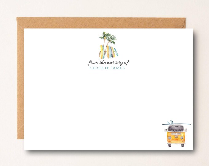 Surf Personalized Baby Shower Cards, Boy Thank You Notes, Baby Stationery, From the Nursery of Hawaiian Surf VW Bus Surfboard Beach