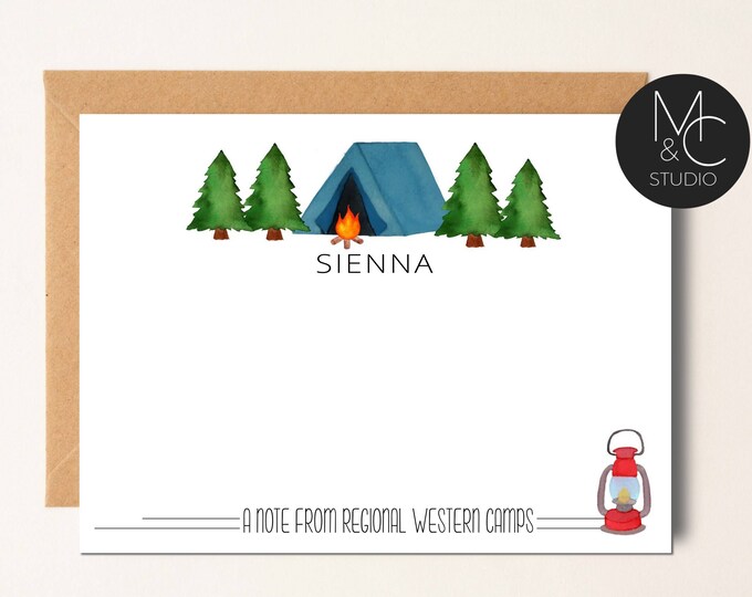 Summer Camp Personalized Note Card, Custom Camp Name Stationery, Boys Summer Camp, Write Home From Camp Notecard, Camp Tent Pine Trees