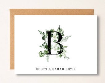 Notecard Greenery Initial Last name Personalized Wedding Engagement Thank You Note Card, Thank You With Couples Names, Monogramm Card