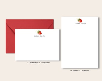 Strawberry Stationery Set, Note Card,  Flat Note Cards, Mom, Sister, Friend Gift, Summer Garden, Bridal Gift, Personalized Notecard