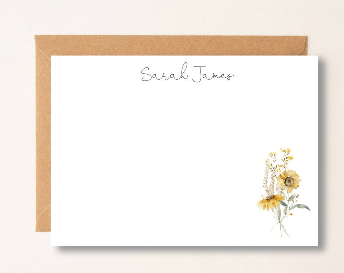 Sunflower Note Cards, Watercolor, Personalized Stationery, minimal, Gift for mom, sister, friend, coworker, Summer note card