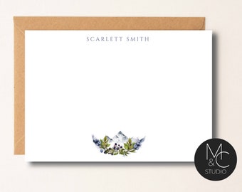 Personalized Note Card Set Mountain Watercolor Stationary Cards Monogram, Script Font, Greenery Blueberries Bridesmaid, Mom, Friend Coworker