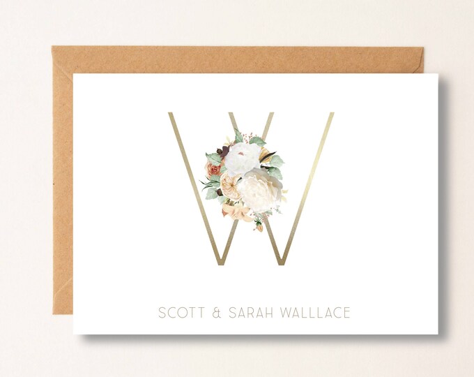 Notecard  Gold Greenery Initial Last name Personalized Wedding Engagement Thank You Note Card, Thank You With Couples Names, Monogramm Card