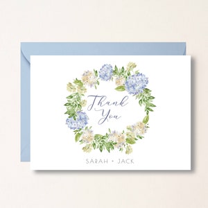 Hydrangea Personalized Wedding Engagement Thank You Note Card, Thank You With Couples Names, Script font thank you, notecard, Blue Floral