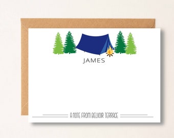 Summer Camp Personalized Note Card, Custom Camp Name Stationery, Boys Summer Camp, Write Home From Camp Notecard, Camp Tent Pine Trees