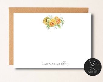 Sunflower Personalized Note Card Set Envelopes- Stationary Cards Monogram Stationary Script Font, Vintage Bridesmaid, Mom, Friend Coworker