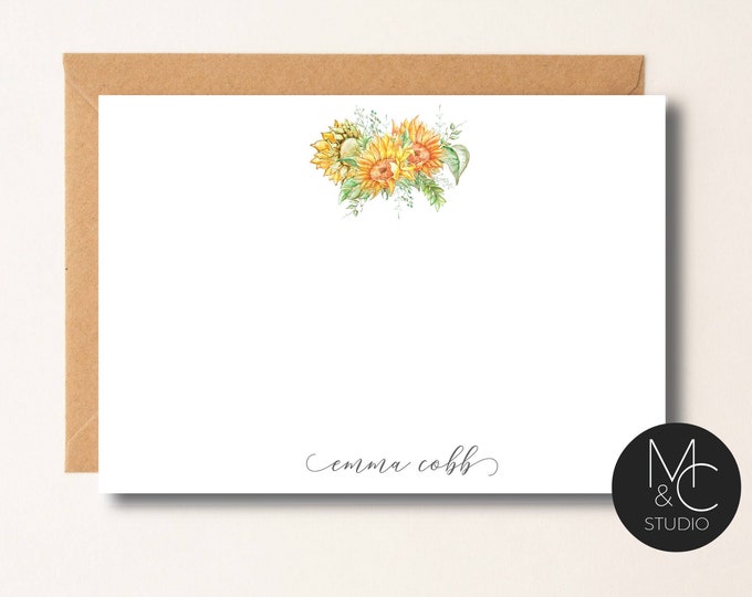 Sunflower Personalized Note Card Set Envelopes- Stationary Cards Monogram Stationary Script Font, Vintage Bridesmaid, Mom, Friend Coworker