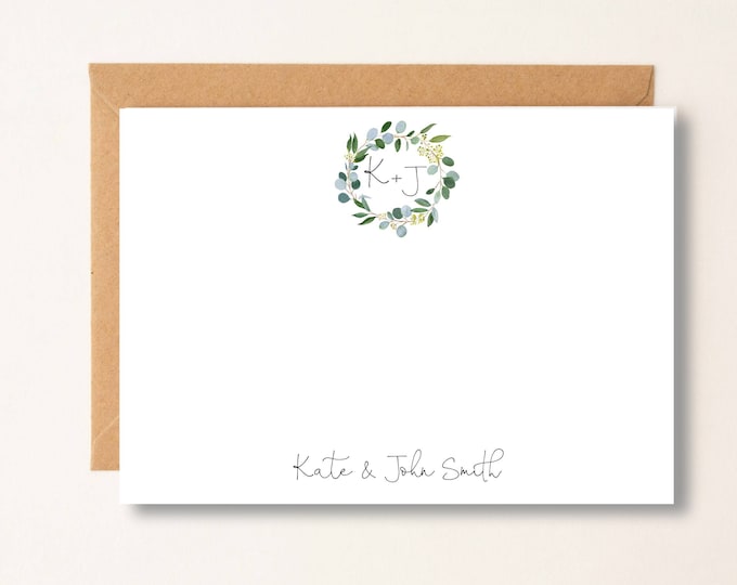 Personalized Note Card Set Envelopes- Stationary Cards Monogram Stationary Script Font, Eucalyptus Bridesmaid, Mom, Friend Coworker
