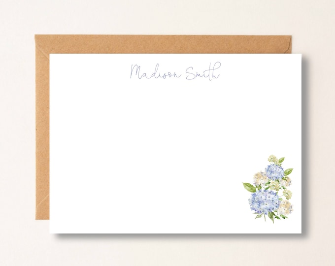 Personalized Note Card Set Envelopes- Blue Hydrangea Flower Stationary Cards Monogram, Script Font, Spring Flower Bridesmaid, Mom, Friend