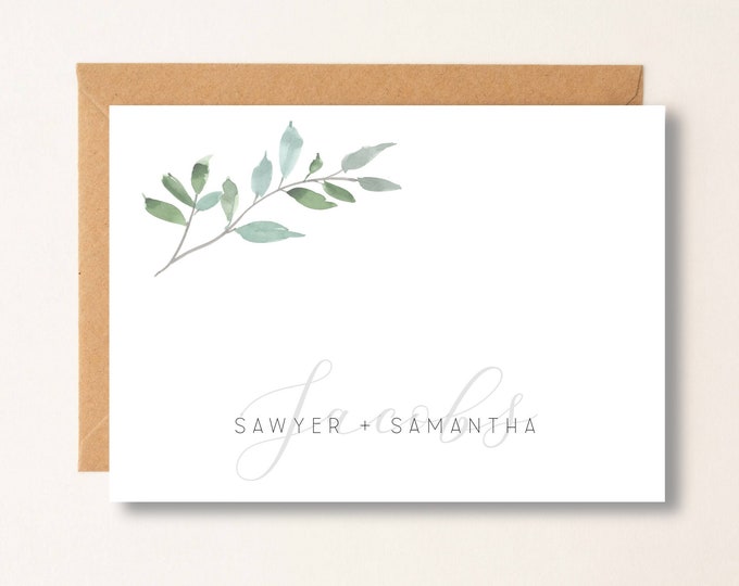 Personalized Greenery Wedding Thank You Notecards, Monogrammed