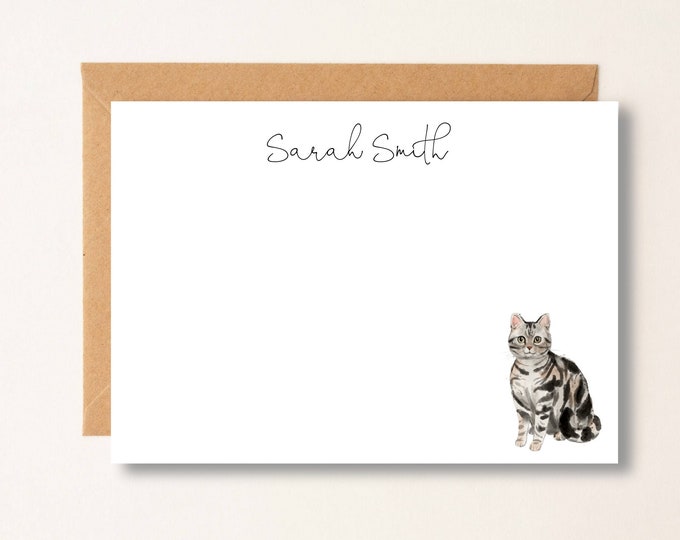 Gray Tabby Cat Personalized Note Cards, Cat Stationery, Gift for Cat Lovers, Flat Note Cards, Christmas Gift, Boss, Friend, Mom Gift