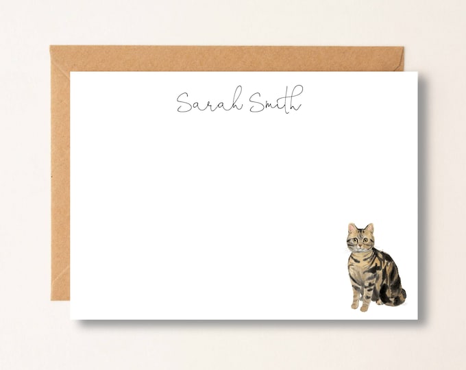 Brown Tabby Cat Personalized Note Cards, Cat Stationery, Gift for Cat Lovers, Flat Note Cards, Christmas Gift, Boss, Friend, Mom Gift
