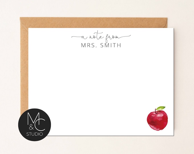 Teacher Personalized Note Card, Custom Teacher Name Stationery, Apple, Principal, A Note from, Back to School Notecard, new teacher gift