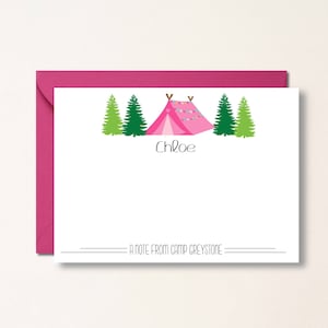 Summer Camp Personalized Note Card, Custom Camp Name Stationery, Girls Summer Camp, Write Home From Camp Notecard, Camp Tent Pine Trees