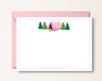 Summer Camp PINK Personalized Note Card, Custom Camp Name Stationery, Girl/Boy Camp, Write Home From Camp Notecard, Camp Tent Pine Trees