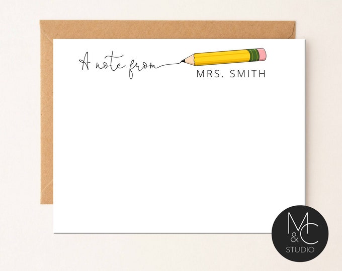 Teacher Personalized Note Card, Custom Teacher Name Stationery, Pencil, A Note from, Back to School Notecard, new teacher gift