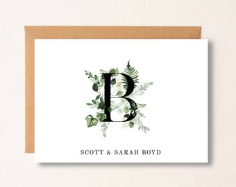 Notecard Greenery Initial Last name Personalized Wedding Engagement Thank You Note Card, Thank You With Couples Names, Monogramm Card