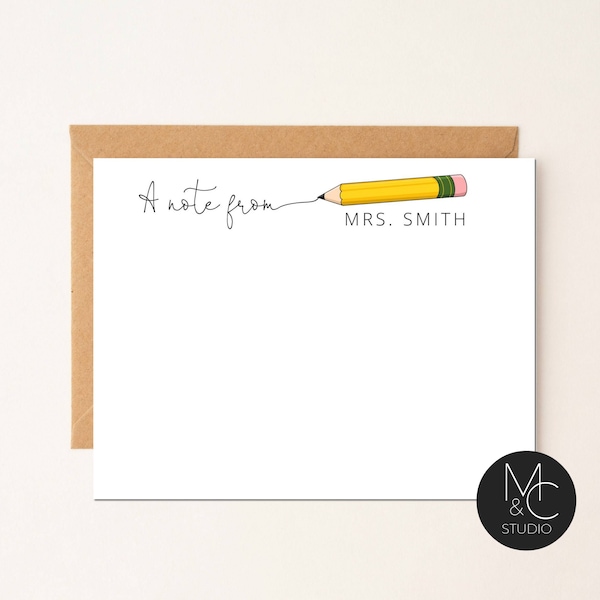 Teacher Personalized Note Card, Custom Teacher Name Stationery, Pencil, A Note from, Back to School Notecard, new teacher gift
