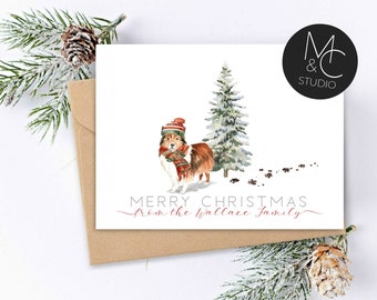 Shetland Sheep Dog,  personalized Pet Christmas Greeting Card, Watercolor, Folded Note Card, Dog Lover, Holiday, Family Name