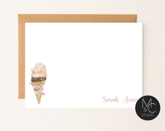 Ice Cream Cone Personalized Note Card Set, Stationary Cards, Monogram, Girls Note Card Gift, Script Font, Stationary, Watercolor Thank you