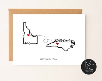 Miss you , Note Card with Kraft Envelope, thinking of you card, Stationary Cards, Home State Card, Distance card, #2