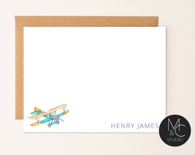 Airplane Personalized Baby Shower Thank You Cards, Boy Baby Thank You Notes, Baby Stationery, From the Nursery of Aviation Plane Vintage #1C