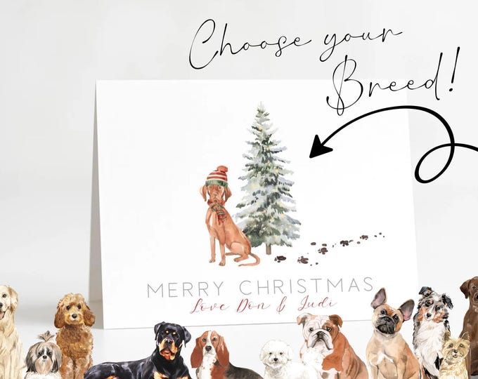 Personalized Watercolor Dog Christmas Card: Family Name Holiday Cards