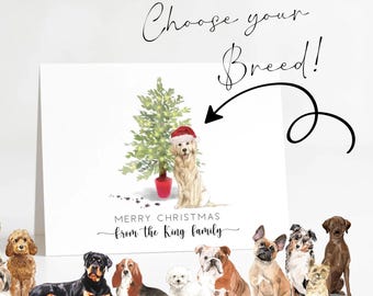 Holiday Dog Card,  personalized Pet Christmas Greeting Card, Watercolor, Folded Note Card, Dog Lover, Choose your Breed (listing photos)