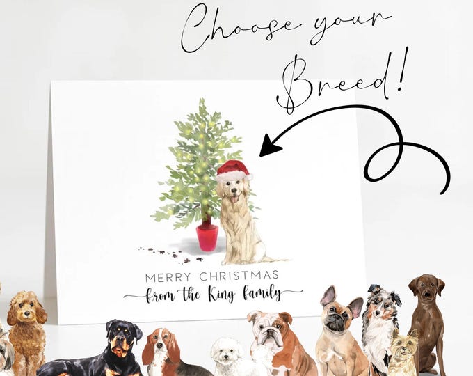 Holiday Dog Card,  personalized Pet Christmas Greeting Card, Watercolor, Folded Note Card, Dog Lover, Choose your Breed (listing photos)