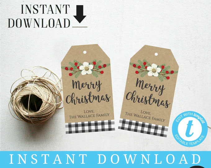 Editable Christmas Gift Tag, Floral Buffalo Plaid, Printable (Instant Download)