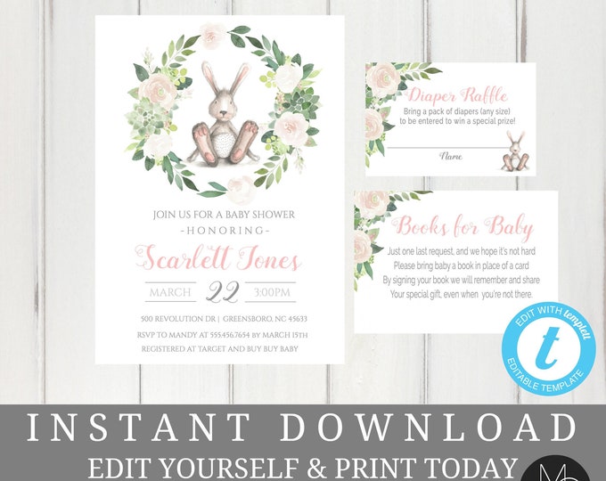 Bunny Baby Shower Invitation Girl Rabbit Baby Shower Invitation Easter Baby Shower Girl Pink Self Editable Instant Download  #T22