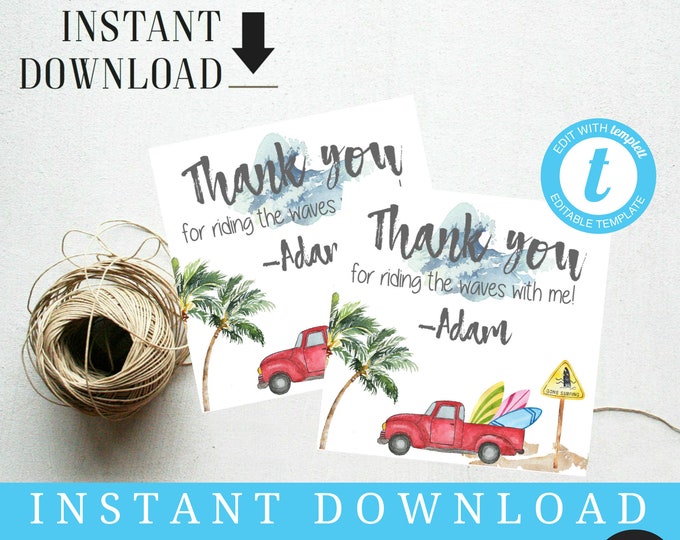 Favor Tag, Surfs up Beach Pool Party Summer Surf Board Boys Party  Editable Gift Tag, Printable Templett, Instant Download, vintage truck