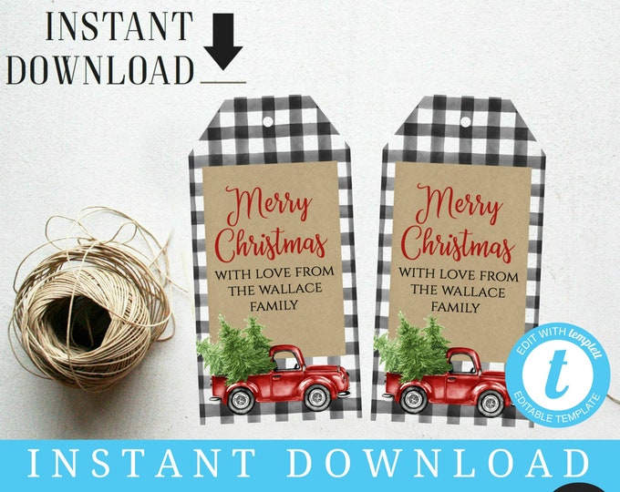 Holiday Gift Tag, DIY, Editable Gift Tag, Buffalo Plaid Red Truck Editable Hang, Christmas Tree Printable Templett, Instant Download #T2