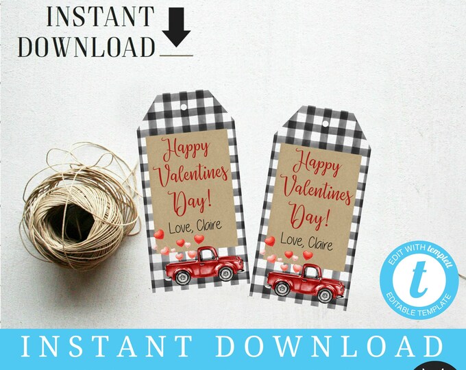 Valentine Gift Tag, DIY, Editable Gift Tag, Buffalo Plaid Red Truck Editable Hang, Valentines DAyPrintable Templett, Instant Download #T1