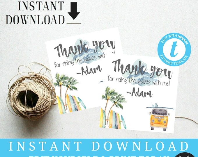 Favor Tag, Surfs up Beach Pool Party Summer Surf Board Boys Party  Editable Gift Tag, Printable Templett, Instant Download, vintage truck