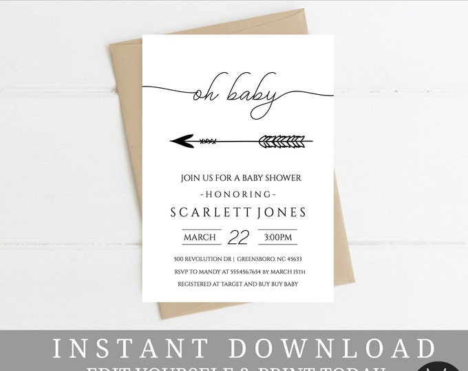 Baby Shower Invitation, Oh Baby, Arrow, Gender Neutral, Black and White, Editable, Template, Instant Download Baby Shower #T21