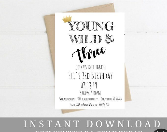 Young Wild and Three Birthday Invitation, Black Gold, 3rd Birthday, Where the Wild Crown, Editable, Templett, Instant Download #2091