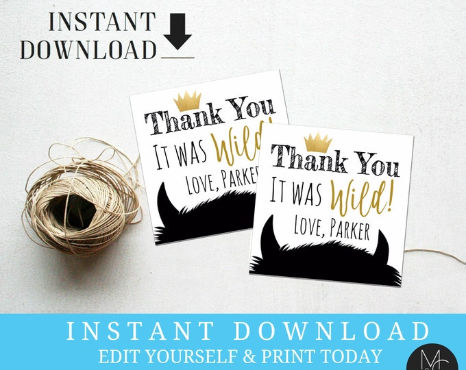 Favor Tag, square thank you  First Birthday, Wild One, Where the Wild Things Are, Monster, Crown Printable Templett, Instant Download #2078