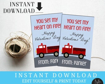 Valentine Card, Editable, Kids Fire Truck Fireman Boys School Valentine,Instant, You edit, Digital Printable Templett, Valentine #T4